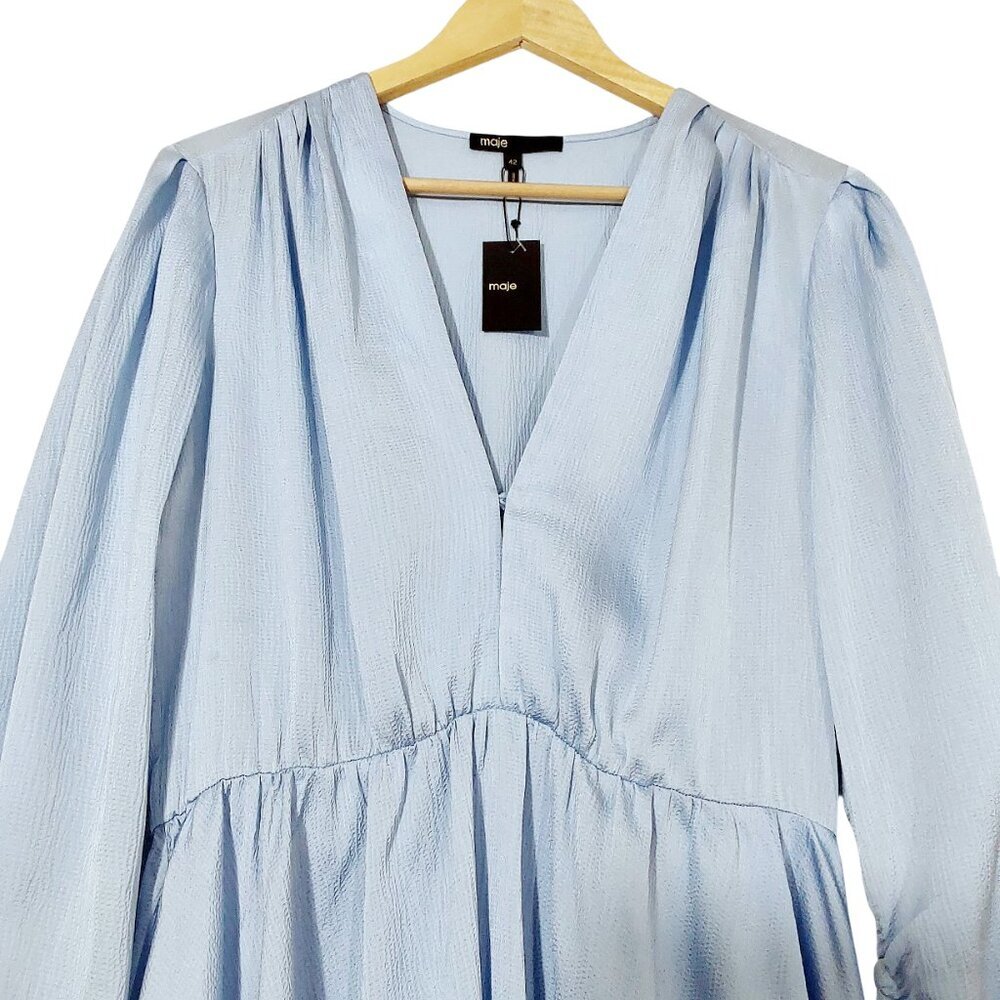 NWT Maje Revolver Hammered Crepe Baby Blue Ruched Sleeve Mini Dress - 42 (10) - Picture 4 of 16